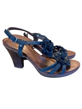 NAYA ATWOOD BLACK LEATHER FLORAL SLINGBACK BOHO WOOD HEEL PLATFORM PUMP SIZE 7.5